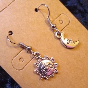 Handcrafted Sun & Moon Theme Hook Earrings Silver Tone